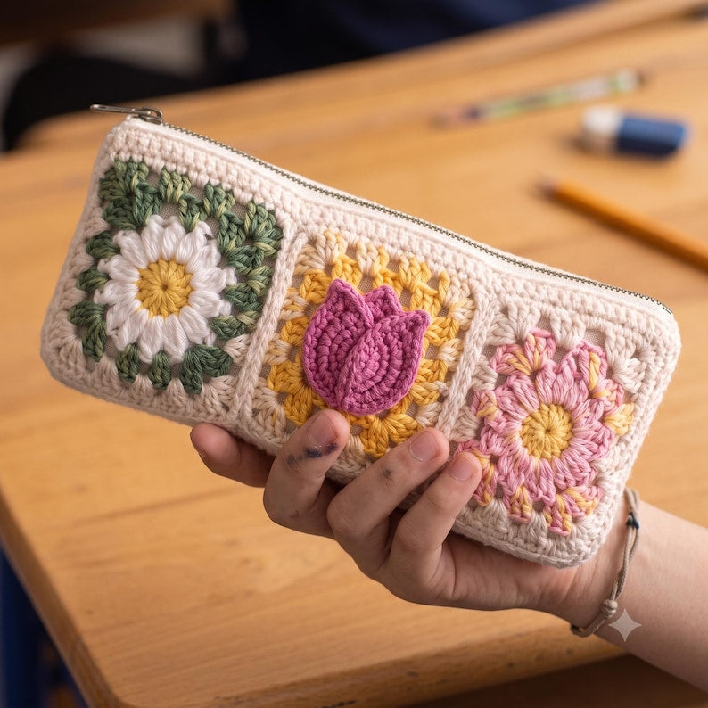 Gehäkeltes Federmäppchen mit Blumenmuster, quadratisches Federmäppchen aus Baumwollgarn