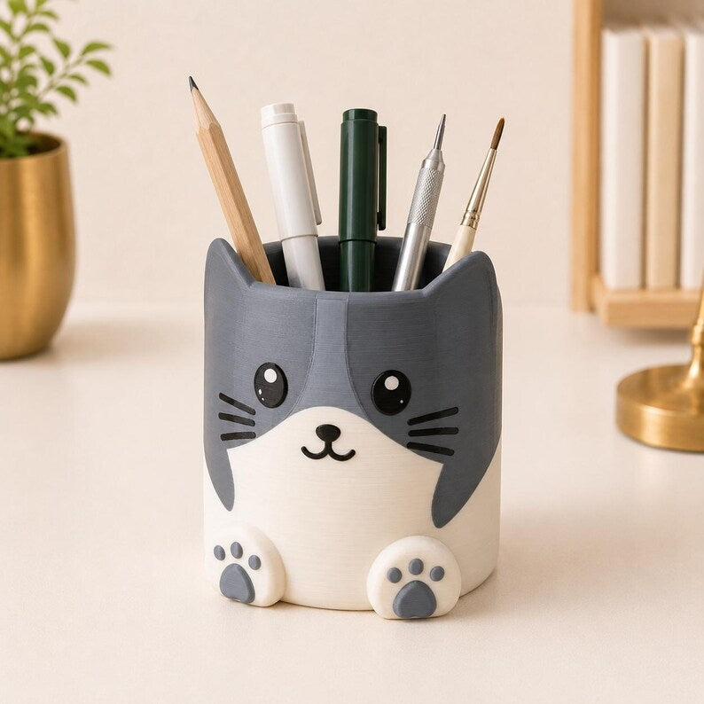 Stiftehalter Katzenform Grau 3D-gedruckter Schreibtisch-Organizer für Stifte, Pinsel und Bürobedarf