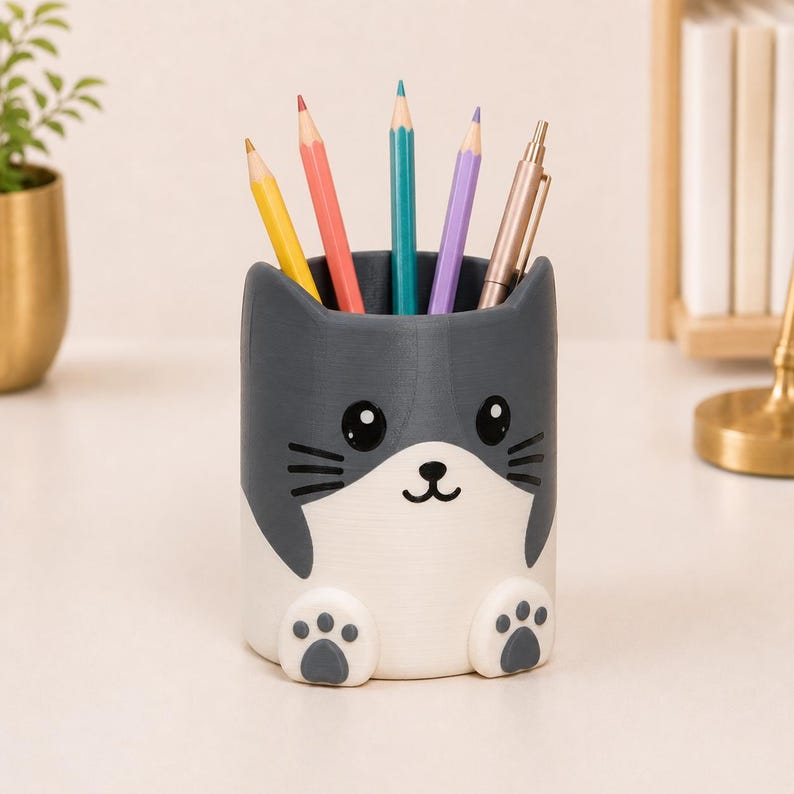 Stiftehalter Katzenform Grau 3D-gedruckter Schreibtisch-Organizer für Stifte, Pinsel und Bürobedarf