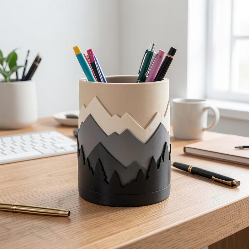 Handbemalter Stiftehalter in Bergform, 3D-gedruckter Schreibtisch-Organizer, Stiftebecher für Büro und Schreibtisch