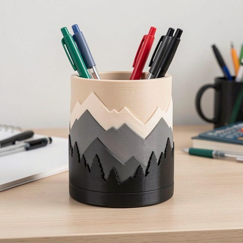 Handbemalter Stiftehalter in Bergform, 3D-gedruckter Schreibtisch-Organizer, Stiftebecher für Büro und Schreibtisch