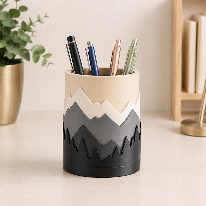 Handbemalter Stiftehalter in Bergform, 3D-gedruckter Schreibtisch-Organizer, Stiftebecher für Büro und Schreibtisch