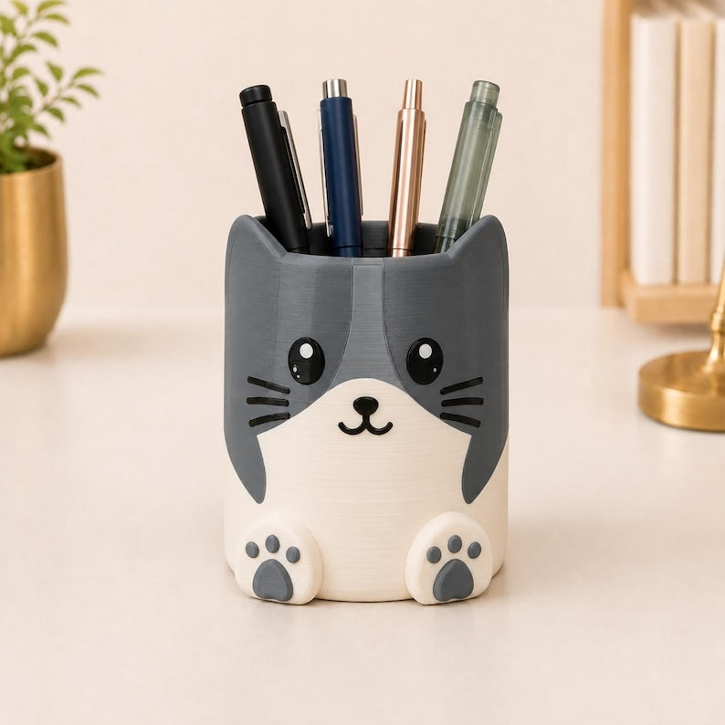 Stiftehalter Katzenform Grau 3D-gedruckter Schreibtisch-Organizer für Stifte, Pinsel und Bürobedarf
