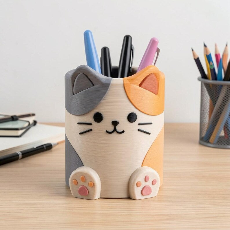 Handbemalter Stiftehalter in Katzenform, 3D-gedruckter Schreibtisch-Organizer, Stiftebecher für Stifte