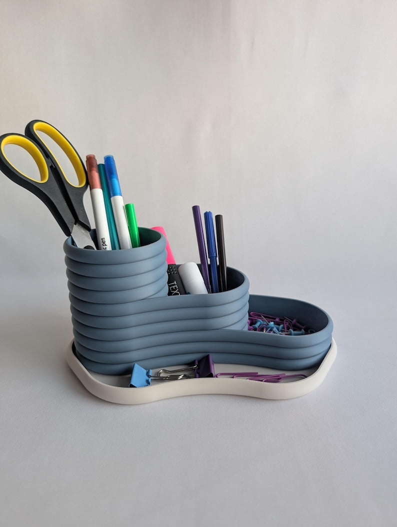 Dreistufiger Schreibtisch-Organizer, Stiftehalter, Bleistiftablage, Büroaufbewahrung, 3D-gedruckt, minimalistisch, Grau