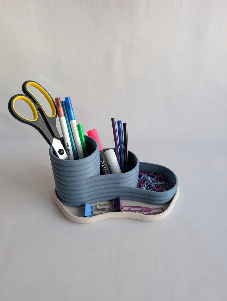 Dreistufiger Schreibtisch-Organizer, Stiftehalter, Bleistiftablage, Büroaufbewahrung, 3D-gedruckt, minimalistisch, Grau