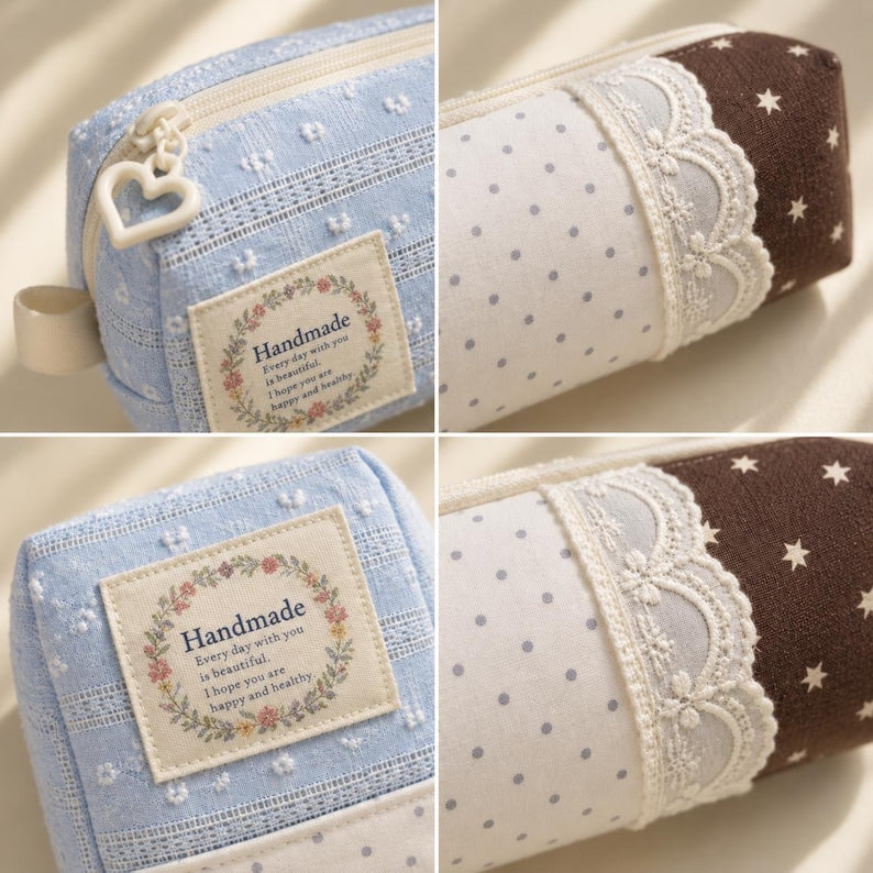 Patchwork Federmäppchen mit Spitze, gesteppter Stiftehalter, Schreibwaren-Organizer, Blau Creme Braun, Reißverschluss