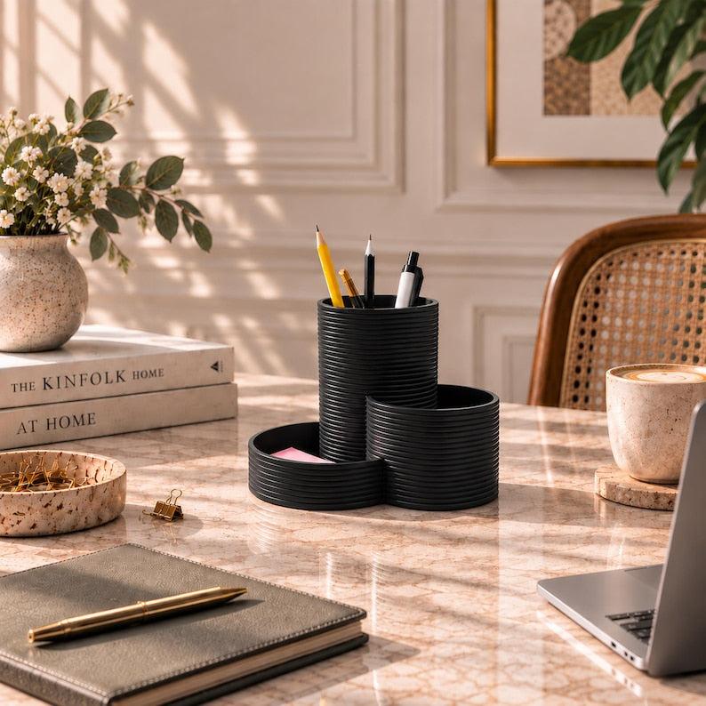 Schreibtisch Organizer mit 3 Fächern – Stiftehalter für Büro & Homeoffice, Latte-Braun, Modern Minimalistisch