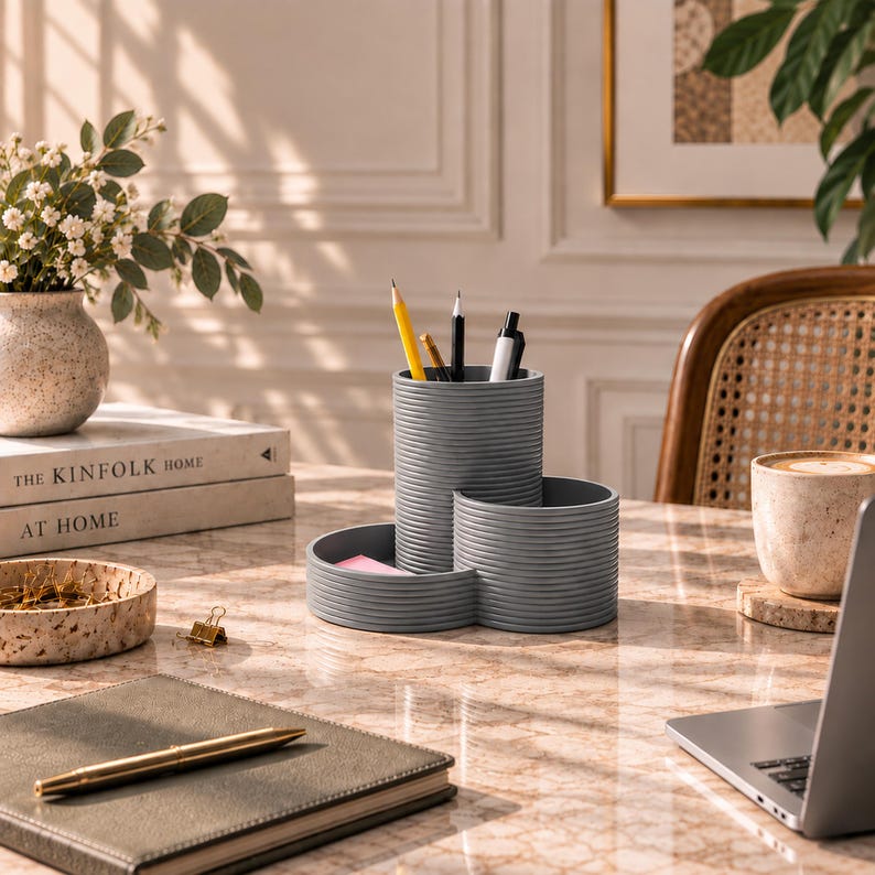 Schreibtisch Organizer mit 3 Fächern – Stiftehalter für Büro & Homeoffice, Latte-Braun, Modern Minimalistisch