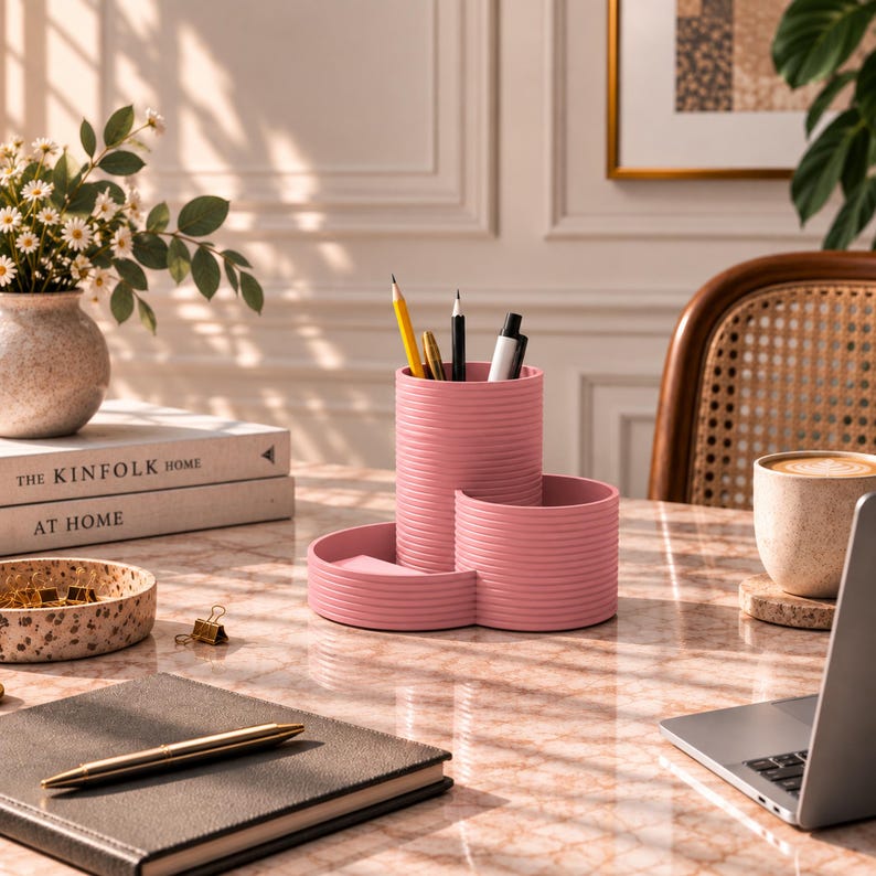 Schreibtisch Organizer mit 3 Fächern – Stiftehalter für Büro & Homeoffice, Latte-Braun, Modern Minimalistisch