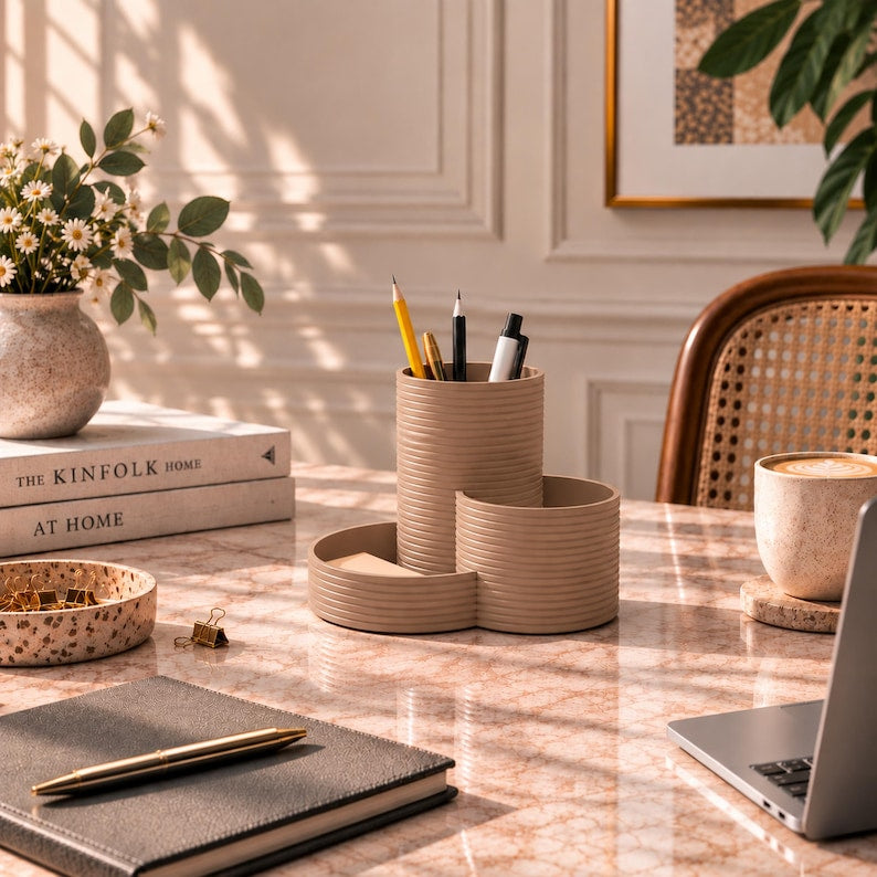 Schreibtisch Organizer mit 3 Fächern – Stiftehalter für Büro & Homeoffice, Latte-Braun, Modern Minimalistisch