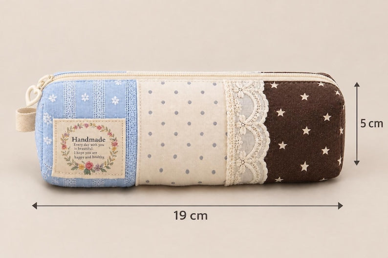 Patchwork Federmäppchen mit Spitze, gesteppter Stiftehalter, Schreibwaren-Organizer, Blau Creme Braun, Reißverschluss