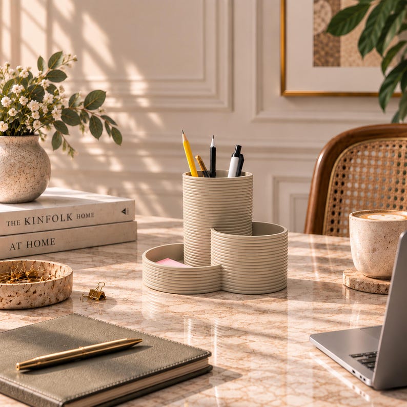 Schreibtisch Organizer mit 3 Fächern – Stiftehalter für Büro & Homeoffice, Latte-Braun, Modern Minimalistisch