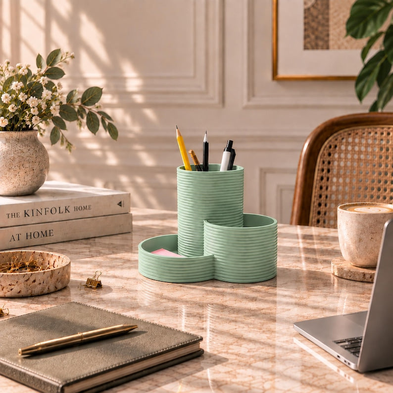 Schreibtisch Organizer mit 3 Fächern – Stiftehalter für Büro & Homeoffice, Latte-Braun, Modern Minimalistisch