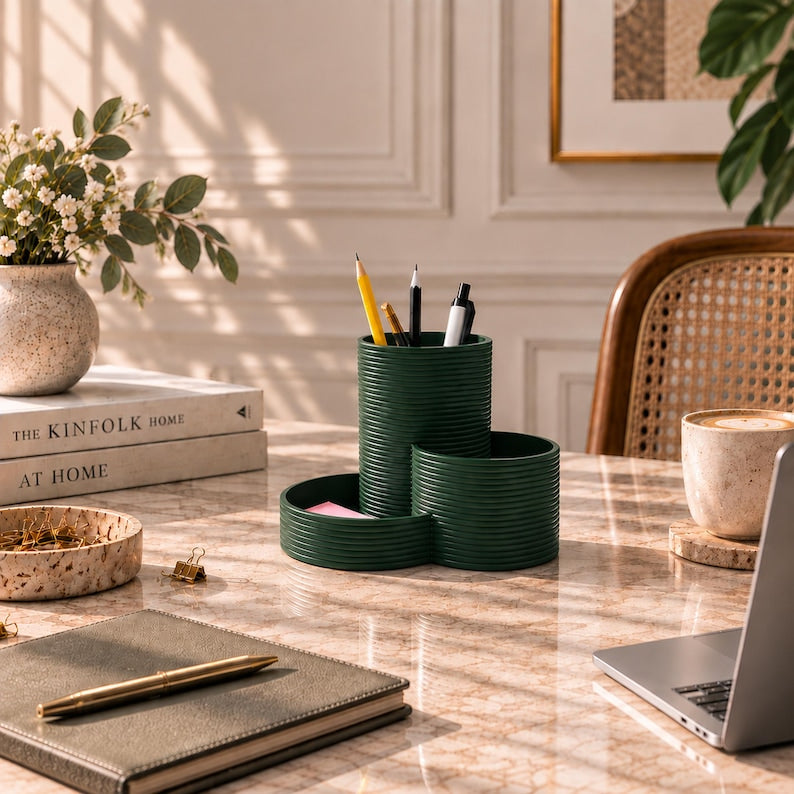 Schreibtisch Organizer mit 3 Fächern – Stiftehalter für Büro & Homeoffice, Latte-Braun, Modern Minimalistisch