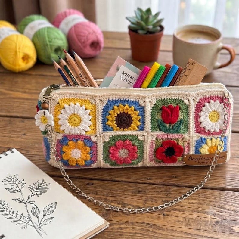Gehäkeltes Federmäppchen mit Blumenmuster, quadratisches Etui, Baumwollgarn