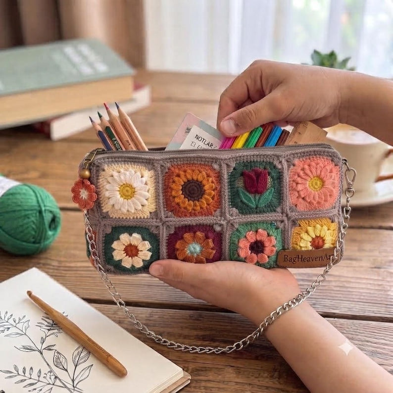 Gehäkeltes Federmäppchen mit Blumenmuster, quadratisches Etui, Baumwollgarn