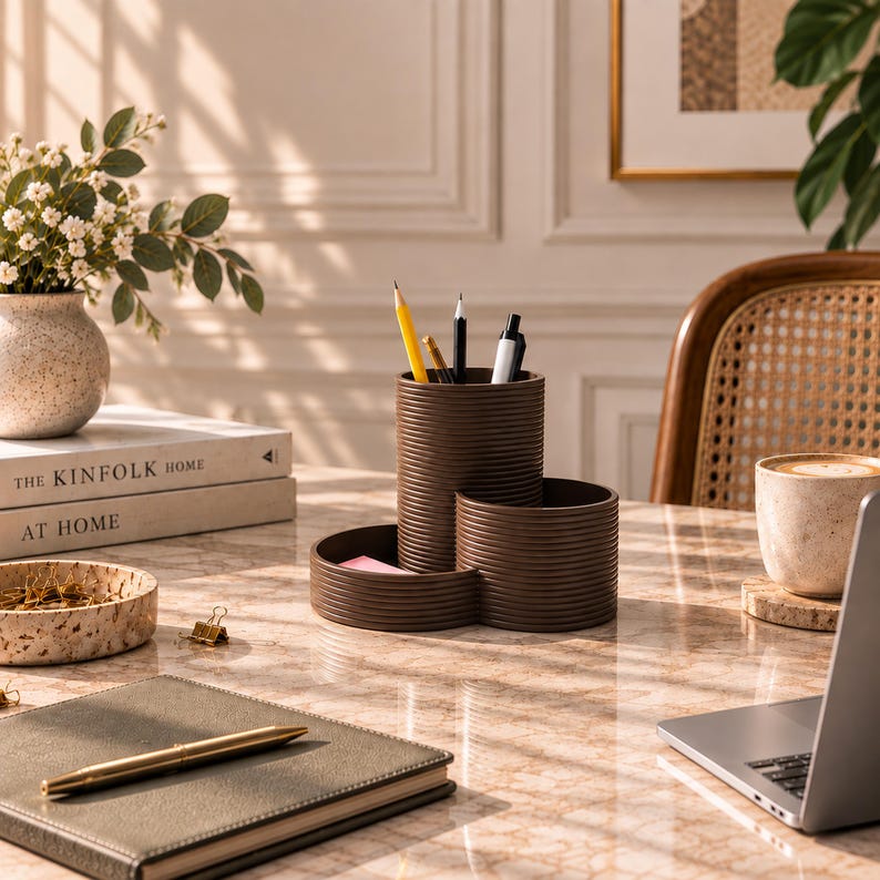 Schreibtisch Organizer mit 3 Fächern – Stiftehalter für Büro & Homeoffice, Latte-Braun, Modern Minimalistisch